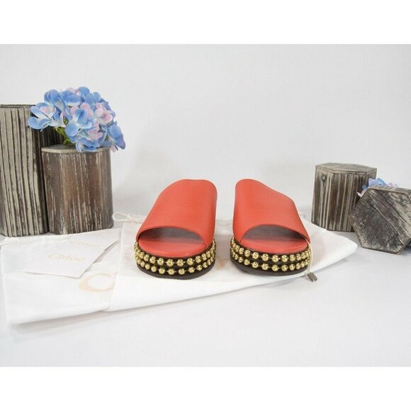 Chloe Orange Leather Bead Chain Flat Mules Slides - Picture 6 of 7